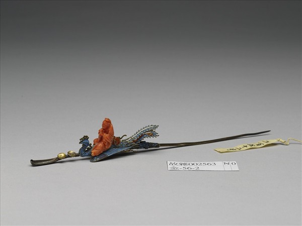 銀鍍金點翠珊瑚仙人乘鳳耳挖簪