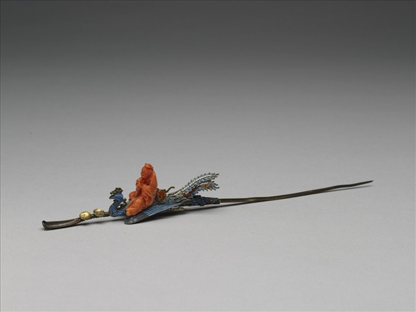 銀鍍金點翠珊瑚仙人乘鳳耳挖簪