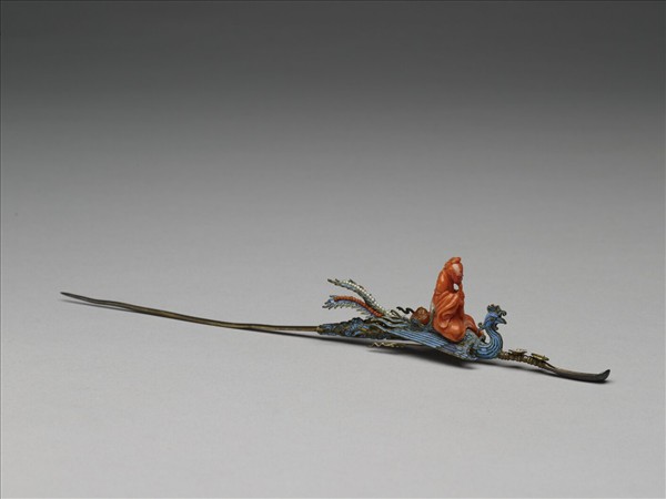 銀鍍金點翠珊瑚仙人乘鳳耳挖簪