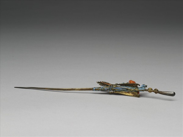 銀鍍金點翠珊瑚仙人乘鳳耳挖簪