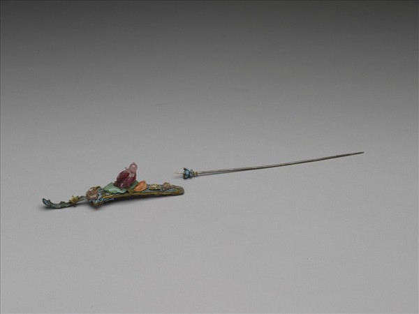 銀鍍金點翠嵌寶石仙人過海耳挖簪