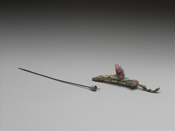 銀鍍金點翠嵌寶石仙人過海耳挖簪