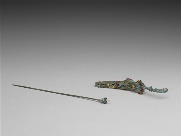 銀鍍金點翠嵌寶石仙人過海耳挖簪