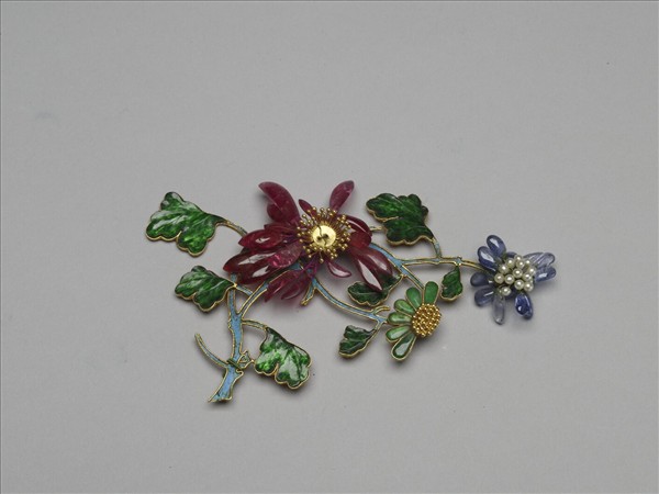 銀鍍金點翠嵌翠玉寶石飾片