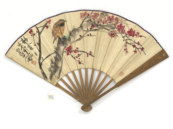 民國王震梅鳥並行楷書李白夜泊牛渚懷古詩　成扇　梅鳥