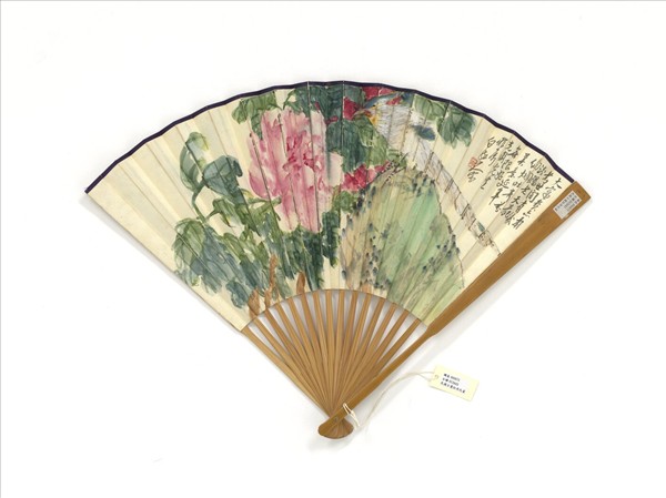 民國王震牡丹孔雀並行書五言詩　成扇　牡丹孔雀