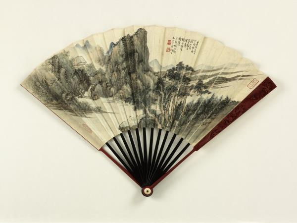 民國胡佩衡仿墨井道人山水孟錫玨書詩　成扇