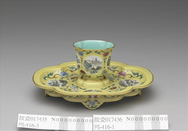 洋彩黃錦地開光四景山水海棠式托盤