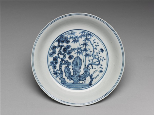 青花三友仕女圖盤