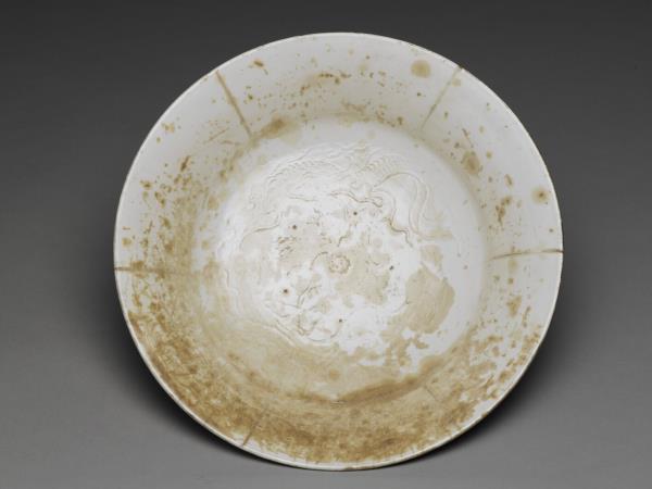 定窯 白瓷印花雙龍紋盤