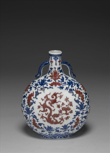 青花釉裡紅夔龍紋扁壺