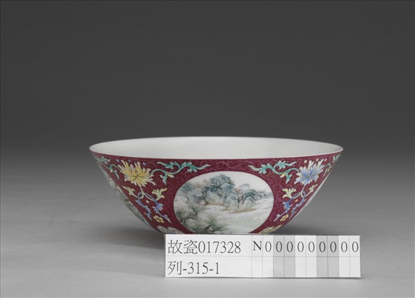 洋彩洋紅地開光四季山水碗