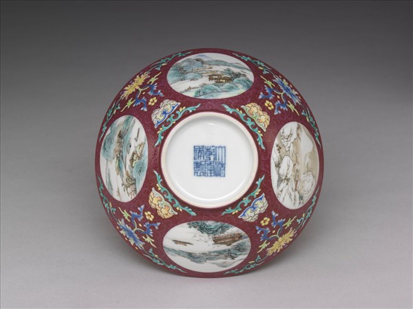 彩洋紅地開光四季山水碗
