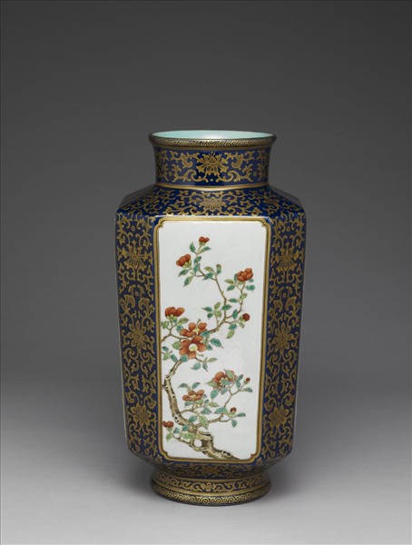 霽青釉描金開光花卉御製詩八方瓶