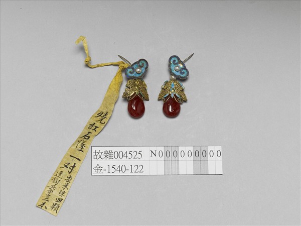 銀鍍金點翠嵌珠料石如意耳墜