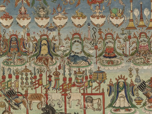 西藏十八世紀護法本尊供物唐卡　橫幅