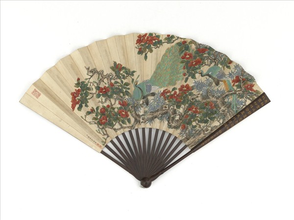 清汪承霈繪劉統勳書扇（清御賞龢風雙箑之2）　成扇　汪承霈畫孔雀茶花