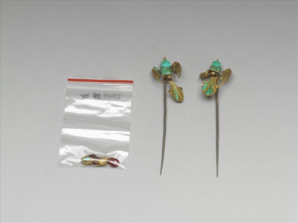 銀鍍金雀簪一對