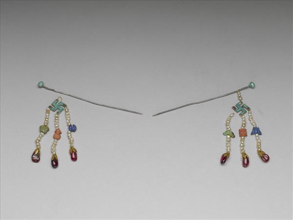 銀鍍金點翠萬字步搖（一對）