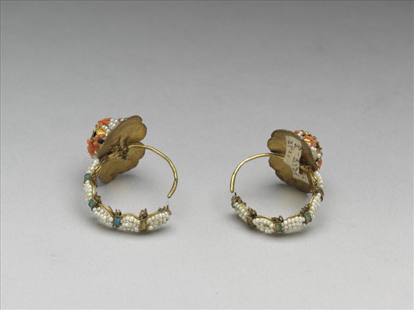 銅鍍金點翠嵌紅白米珠荷花耳環