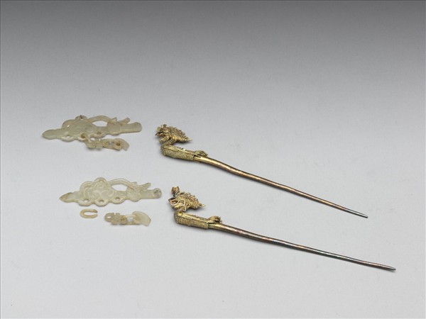 銀鍍金鳳頭吉慶簪（一對）