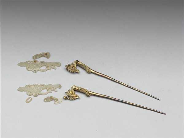 銀鍍金鳳頭吉慶簪（一對）