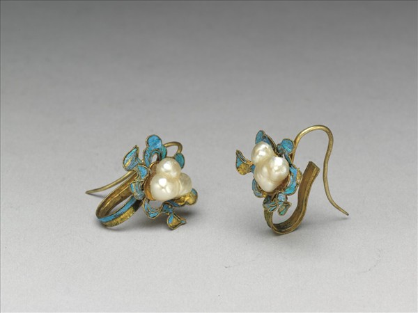 銀鍍金點翠珍珠耳環（一對）