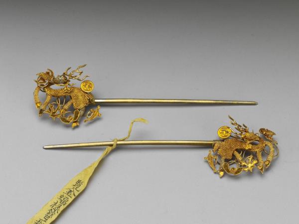 銀鍍金福祿簪（一對）