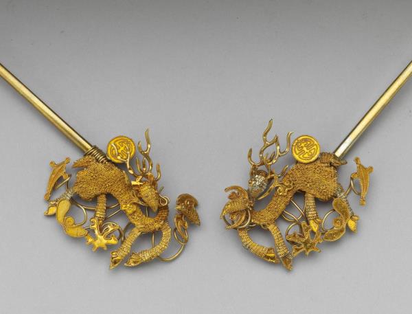 銀鍍金福祿簪（一對）