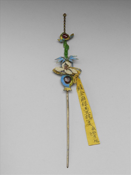 銀鍍金嵌玉瓶花耳挖簪