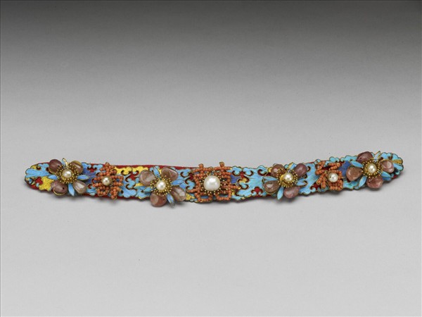 銀鍍金點翠嵌珠寶囍字勒條