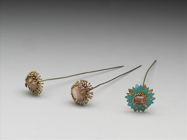 銀鍍金嵌碧璽花簪