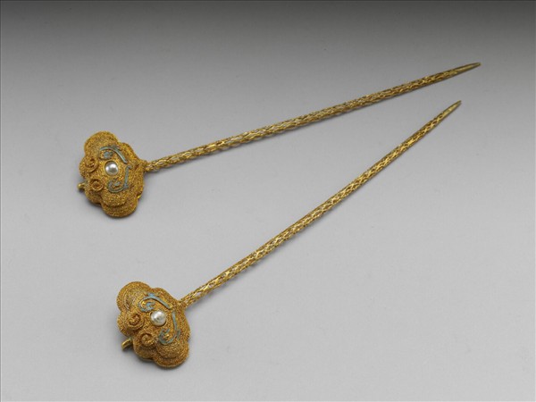 銅鍍金纍絲嵌珍珠如意簪