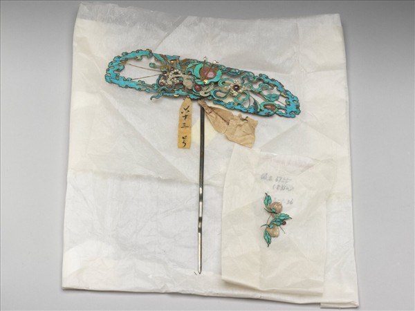 銀鍍金點翠嵌珠寶福壽簪