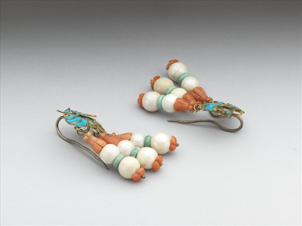 銀鍍金點翠嵌珠寶荷葉耳墜