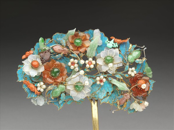 點翠嵌珠寶玻璃花簪