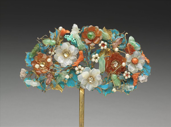 點翠嵌珠寶玻璃花簪
