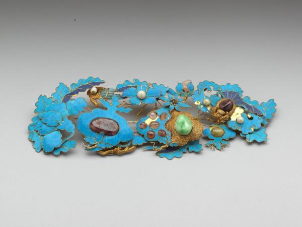 銀鍍金點翠嵌寶福壽簪