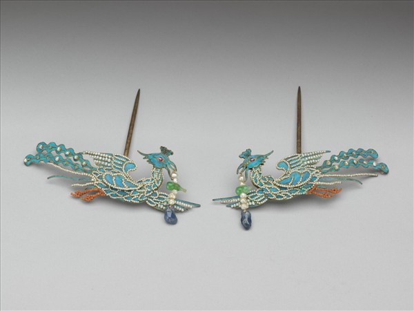 銀鍍金點翠嵌珠寶翔鳳步搖