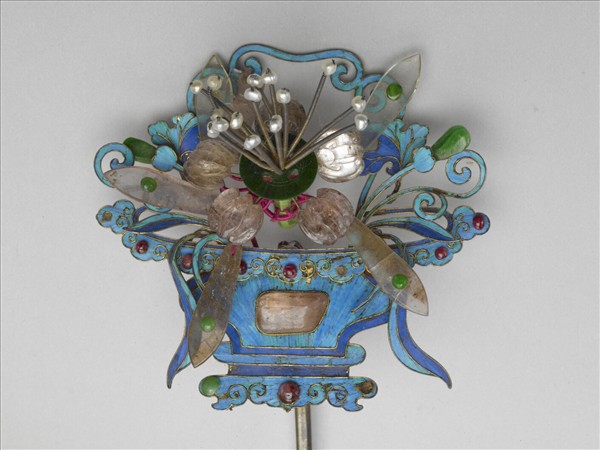 銀鍍金嵌寶石點翠花籃簪