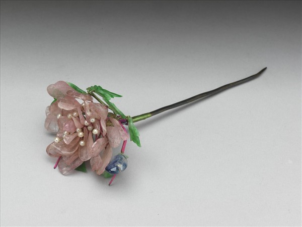 銀鍍金嵌碧璽寶石珠翠花簪