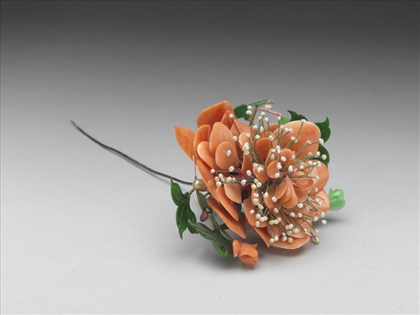 銀鍍金珊瑚珠翠花簪