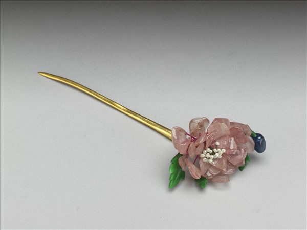 鍍金嵌碧璽寶石珠翠花簪