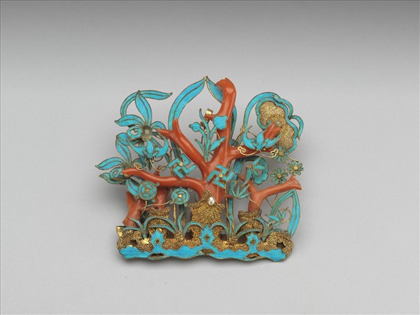 鑲珊瑚蘭花面簪