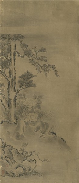 無款花鳥屏風六幅　單片　松下戲犬