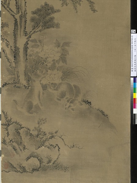 無款花鳥屏風六幅　單片　松下戲犬