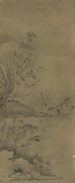 無款花鳥屏風六幅　單片　寒塘鴛鳥