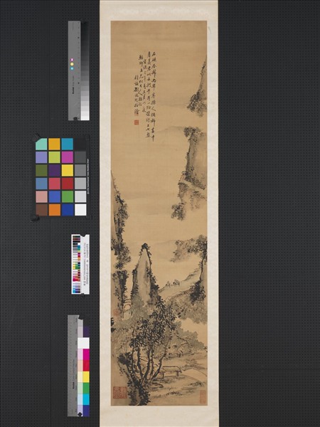 清劉錫玲指畫山水四屏　軸　石硤春歸尚帶寒