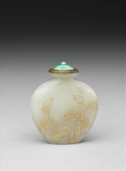 玉填金花卉鼻煙壺