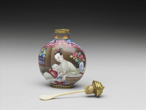 銅胎畫琺瑯課子圖鼻煙壺